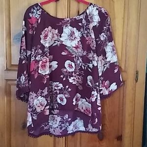 Xhilaration Sheer Floral Maroon Blouse Size L